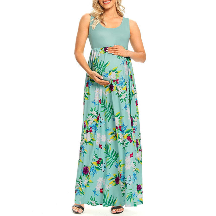 Fashion Print Stitching Round Neck Maternity Dress - Babyvera