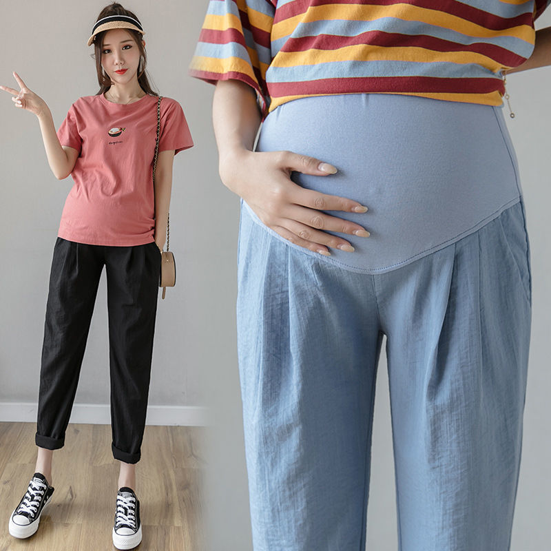 Spring And Autumn Maternity Trousers Wear Linen Casual Cropped Trousers - Babyvera
