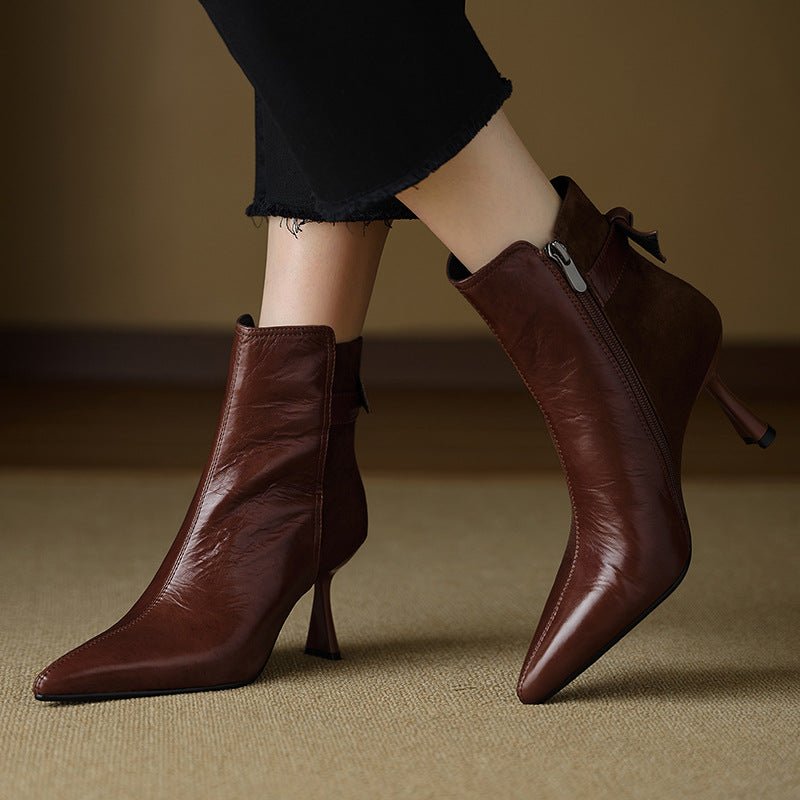 Autumn And Winter New French Retro Bow Spliced High Heels - Babyvera
