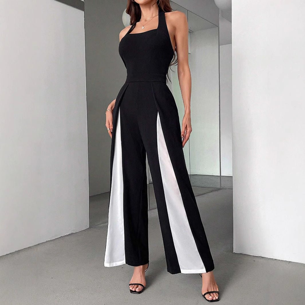 Black And White Color Matching Straight Halter Jumpsuit - Babyvera