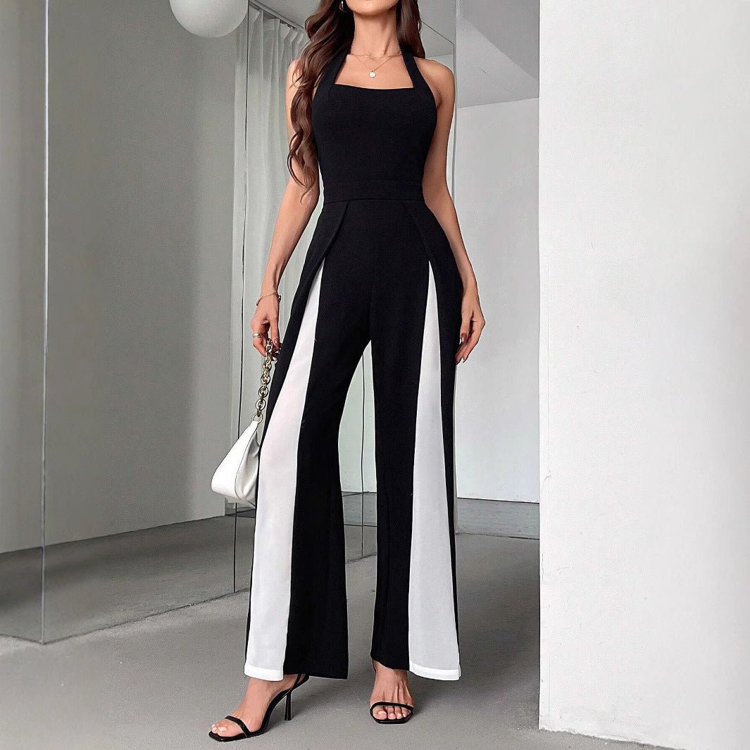 Black And White Color Matching Straight Halter Jumpsuit - Babyvera