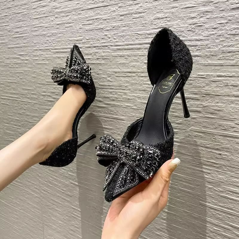 Breathable Side Empty Bow Niche With Skirt Rhinestone Hollow Pumps - Babyvera
