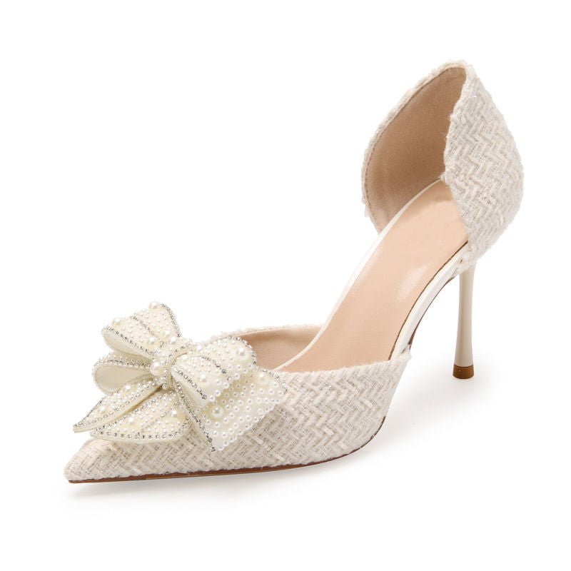 Breathable Side Empty Bow Niche With Skirt Rhinestone Hollow Pumps - Babyvera