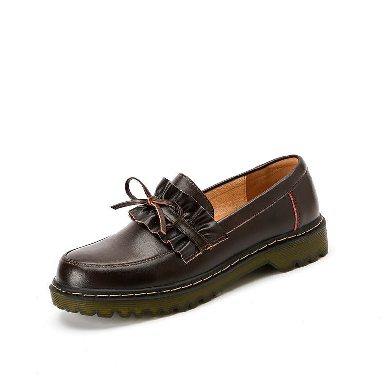 British Style Round Head Chunky Heel Small Leather Shoes For Women - Babyvera