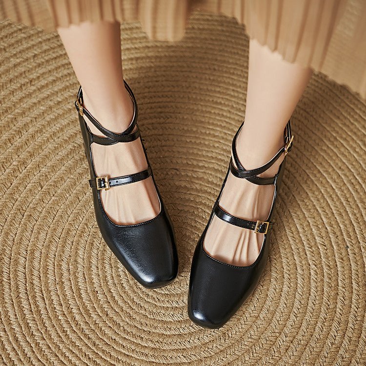 British - style Square - toe Mid - heel Buckle - toe Women's Pumps - Babyvera