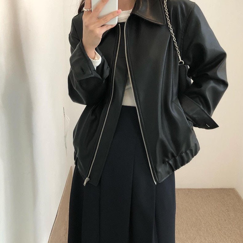 Casual Long Sleeve Leather Coat Women - Babyvera