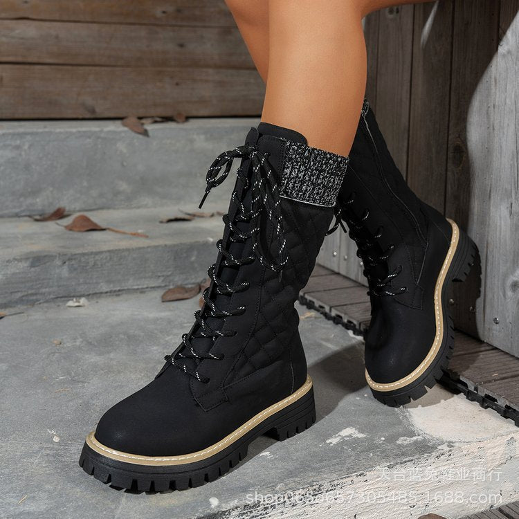 Check The Color - matched Front - lace - up Thick - heeled Martin Boots - Babyvera