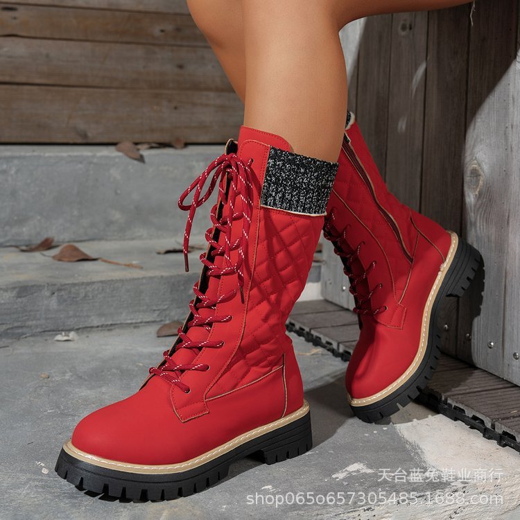 Check The Color - matched Front - lace - up Thick - heeled Martin Boots - Babyvera