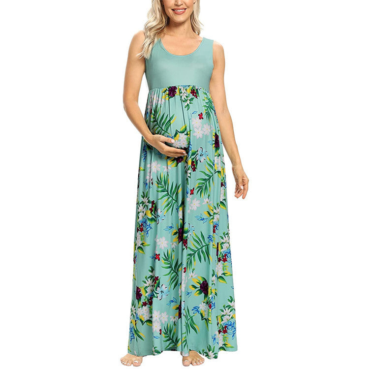 Fashion Print Stitching Round Neck Maternity Dress - Babyvera