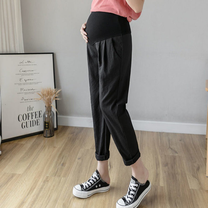 Spring And Autumn Maternity Trousers Wear Linen Casual Cropped Trousers - Babyvera