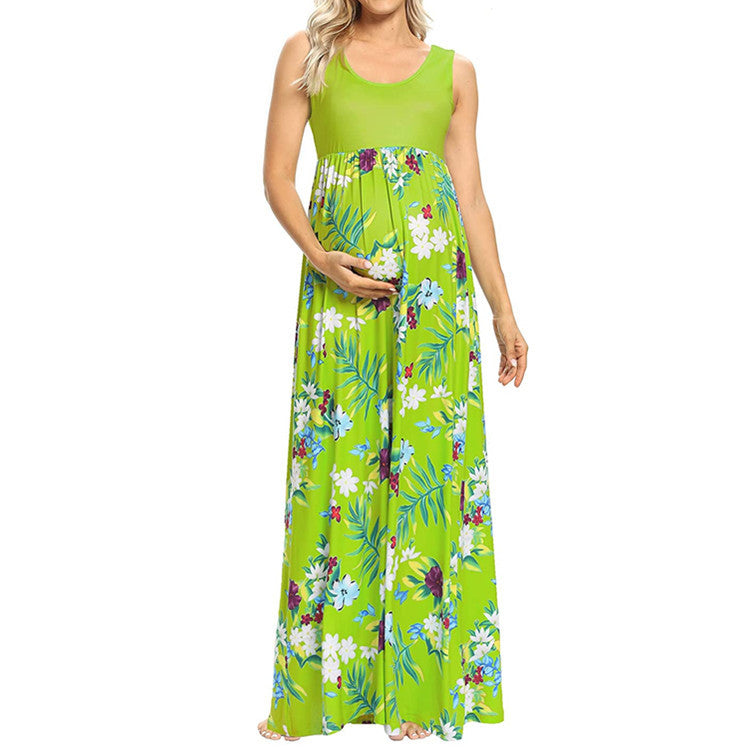 Fashion Print Stitching Round Neck Maternity Dress - Babyvera