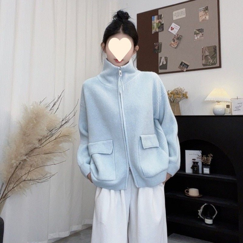 Double Zipper Knitted Cardigan Women Coat - Babyvera