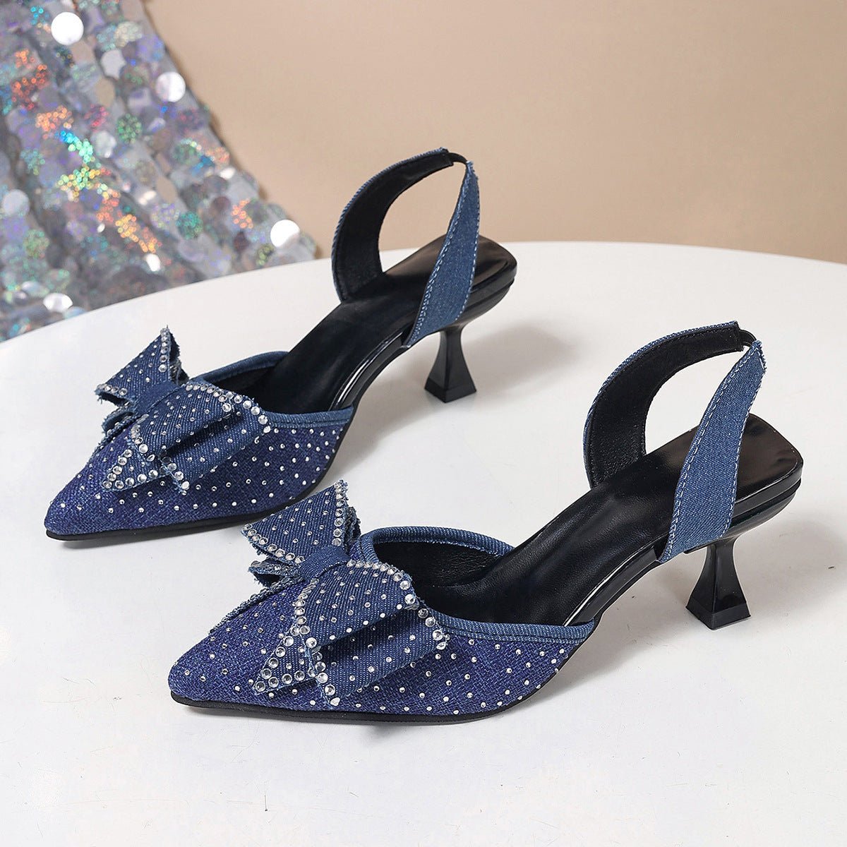 Elegant Rhinestone Pointed Toe Bow High Heels - Babyvera