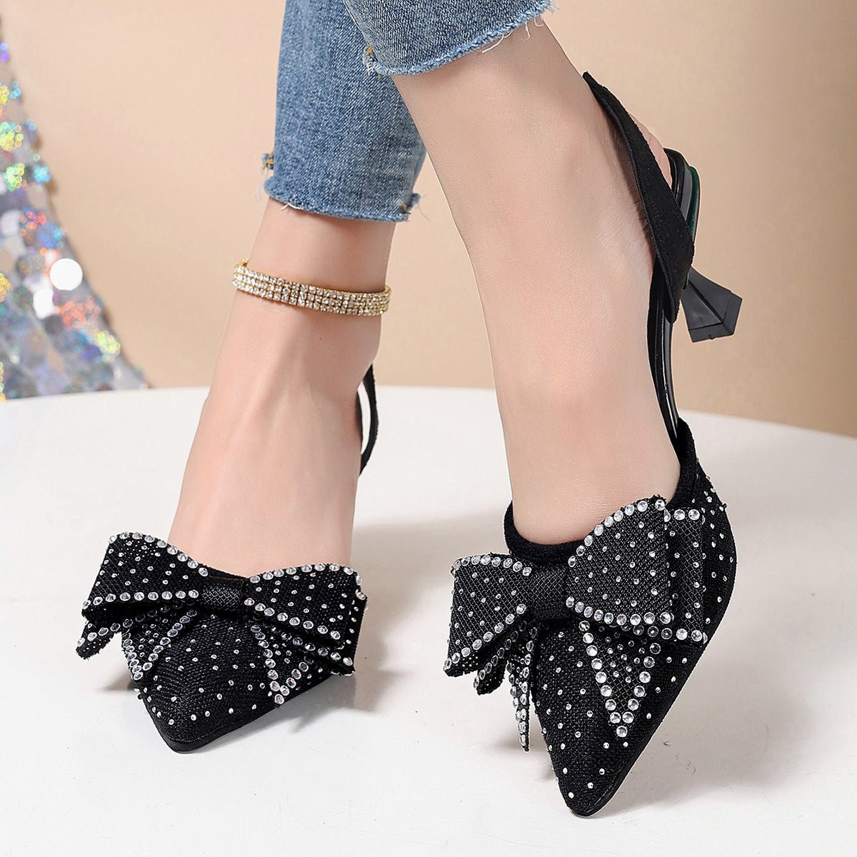Elegant Rhinestone Pointed Toe Bow High Heels - Babyvera