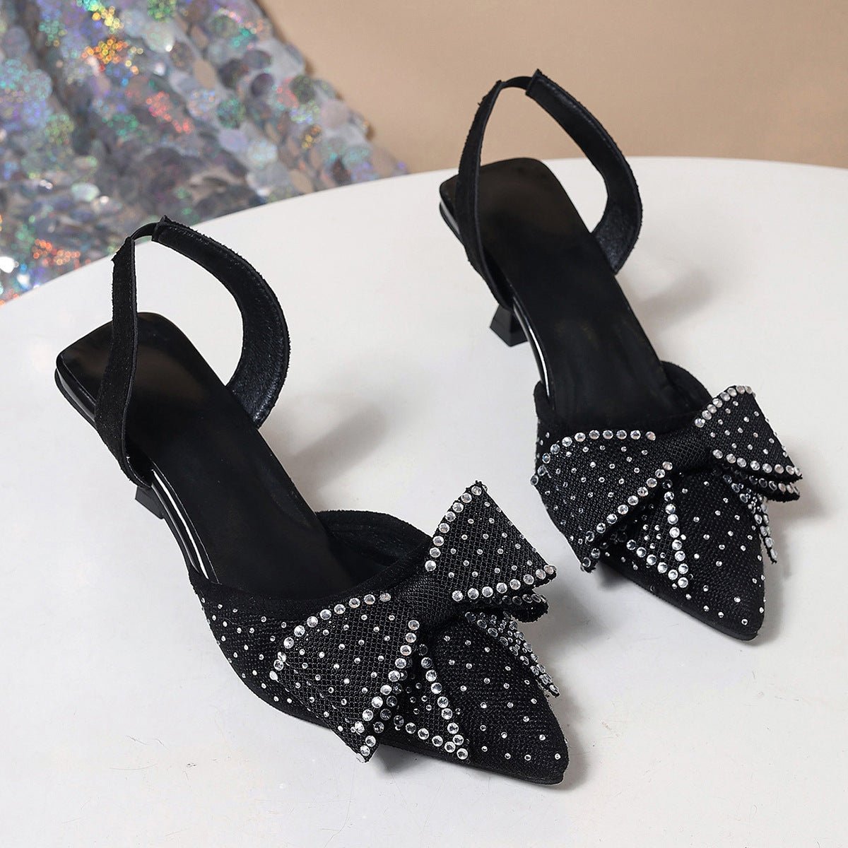 Elegant Rhinestone Pointed Toe Bow High Heels - Babyvera