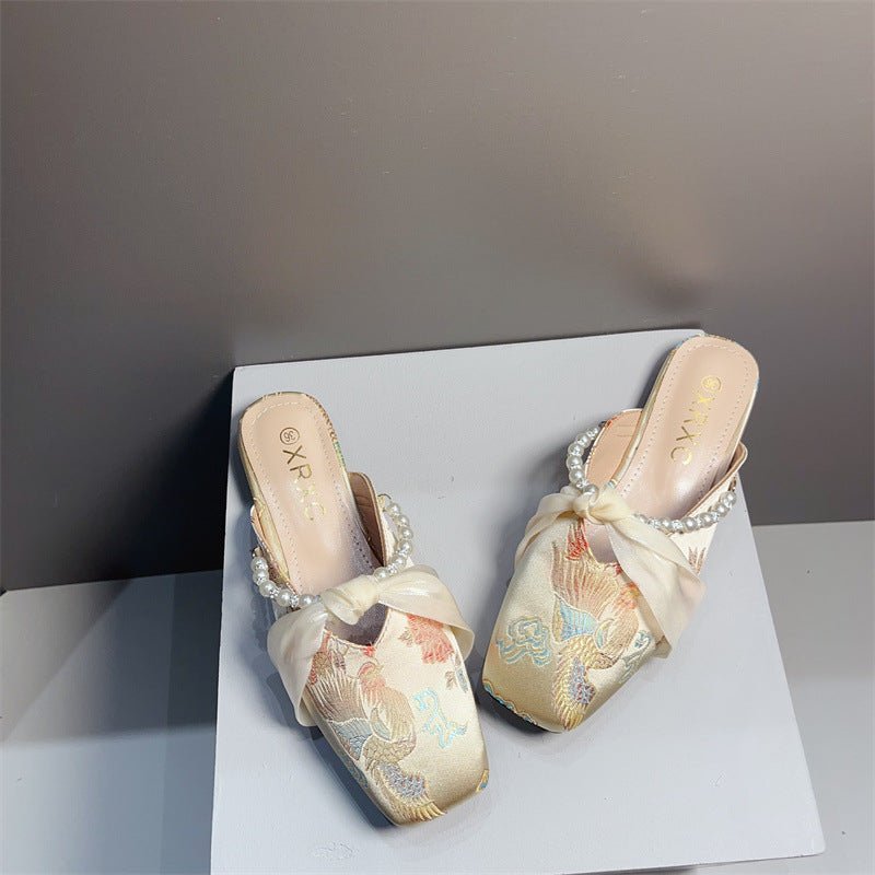 Embroidered Flat Square - toe Low - cut Half - slipper For Women - Babyvera