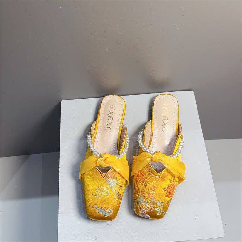 Embroidered Flat Square - toe Low - cut Half - slipper For Women - Babyvera