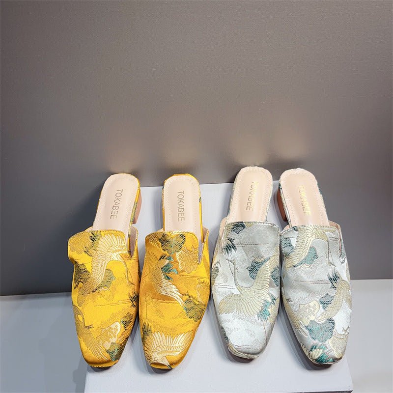 Embroidered Low Heeled Mules With A Square Toe Low Cut And Chunky Heeltimeless VersatileAnd Perfect For A Retro Look - Babyvera