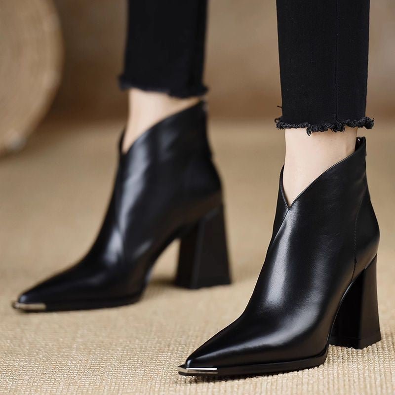 Fashion Anti Collision Metal Toe Soft Leather High Heel Slimming Martin Boots - Babyvera