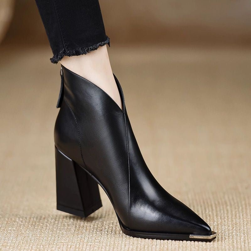 Fashion Anti Collision Metal Toe Soft Leather High Heel Slimming Martin Boots - Babyvera