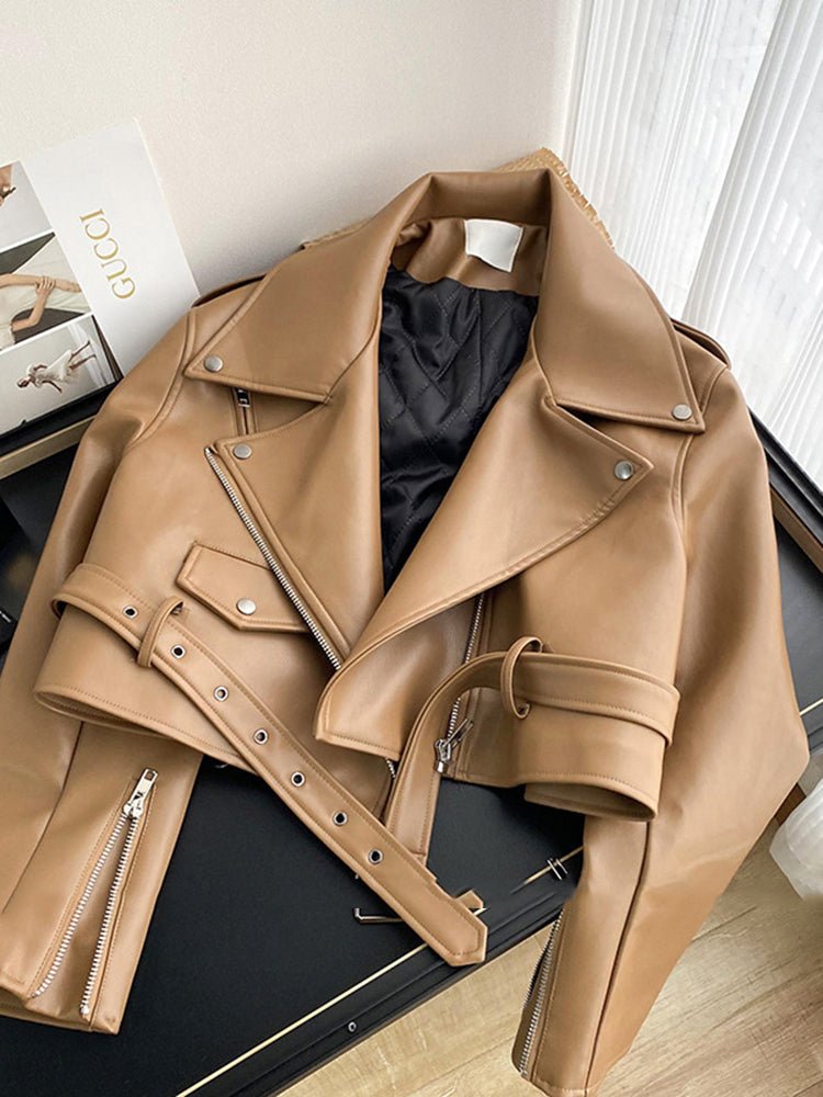Fashion Brown Motorcycle Leather Coat Women - Babyvera