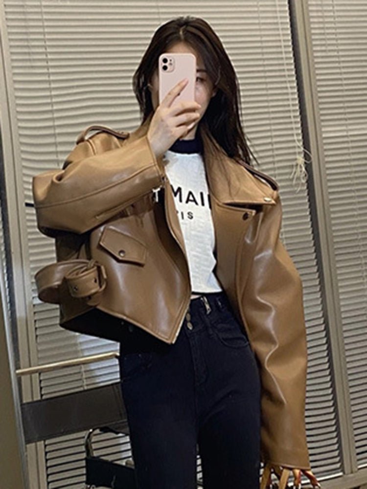 Fashion Brown Motorcycle Leather Coat Women - Babyvera