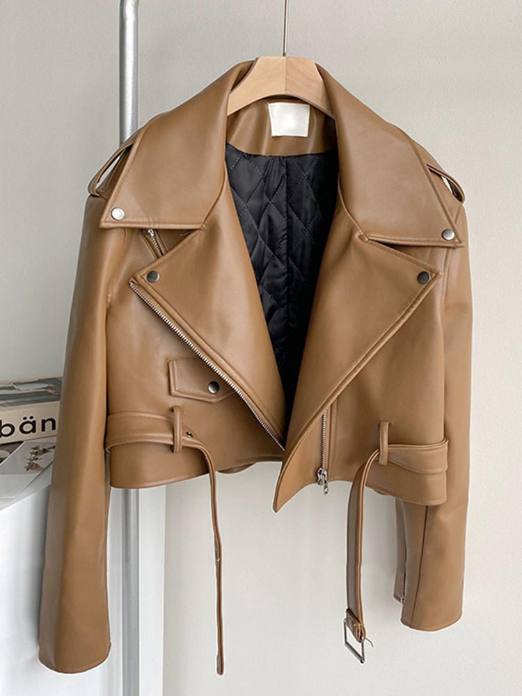 Fashion Brown Motorcycle Leather Coat Women - Babyvera