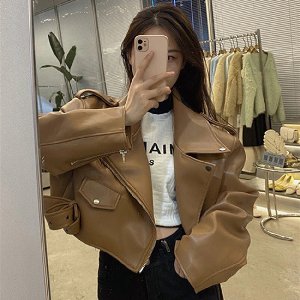 Fashion Brown Motorcycle Leather Coat Women - Babyvera