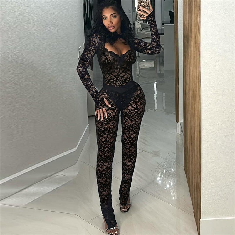 Fashion Solid Color Lace See - through Hollow Out Stitching Slim Fit Sexy - Babyvera