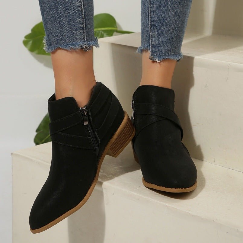 Fashionable Chunky - Heel Leather Belt - Clasp Side - Zip Ankle Boots - Babyvera