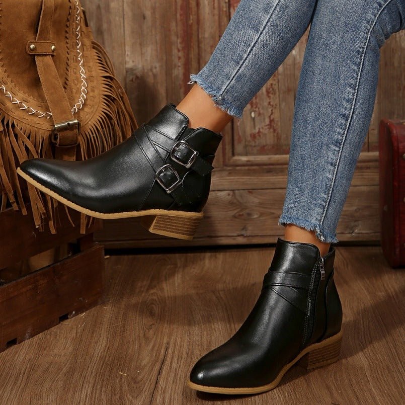 Fashionable Chunky - Heel Leather Belt - Clasp Side - Zip Ankle Boots - Babyvera