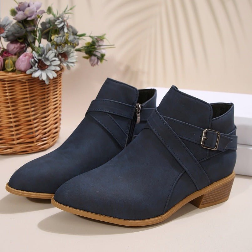 Fashionable Chunky - Heel Leather Belt - Clasp Side - Zip Ankle Boots - Babyvera