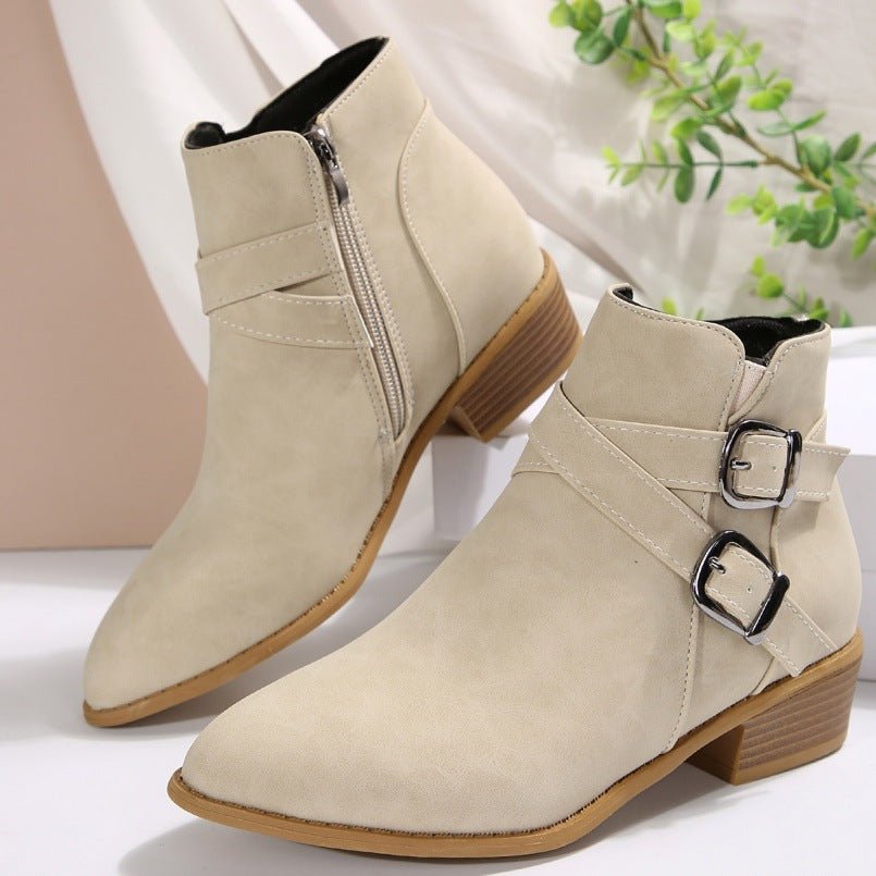 Fashionable Chunky - Heel Leather Belt - Clasp Side - Zip Ankle Boots - Babyvera