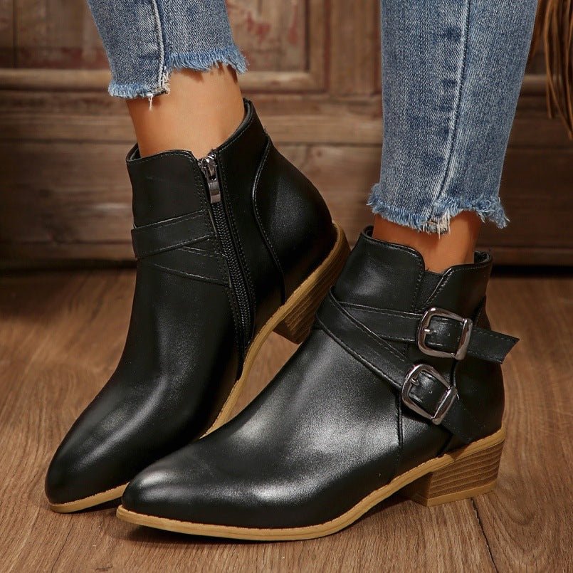 Fashionable Chunky - Heel Leather Belt - Clasp Side - Zip Ankle Boots - Babyvera