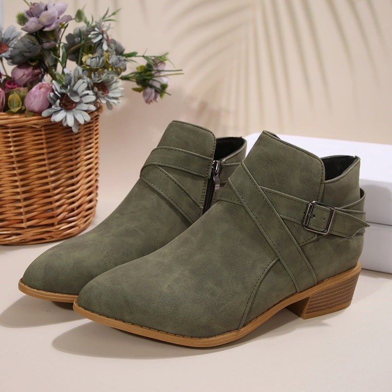 Fashionable Chunky - Heel Leather Belt - Clasp Side - Zip Ankle Boots - Babyvera