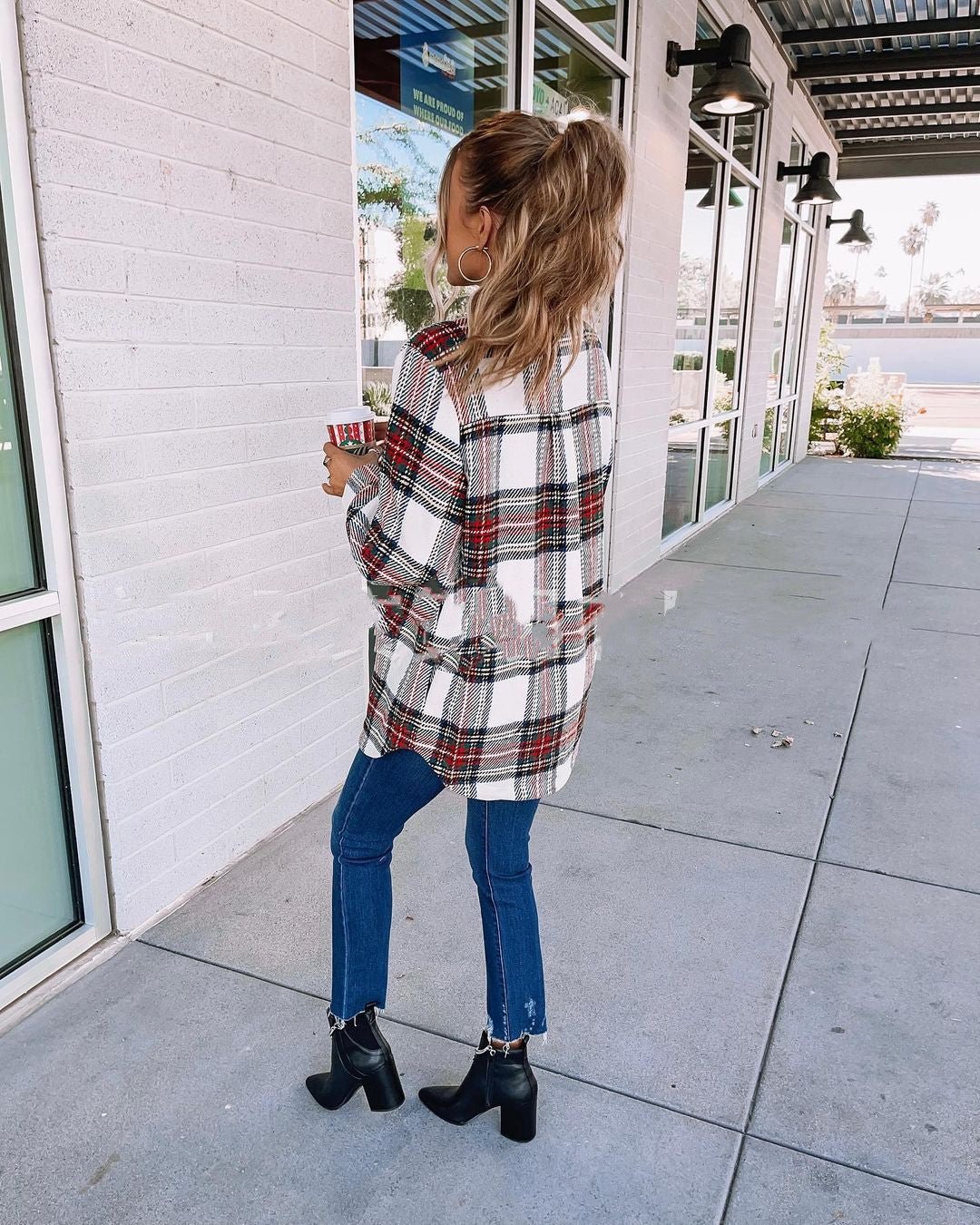 Long Sleeve Loose Women Plaid Coat - Babyvera