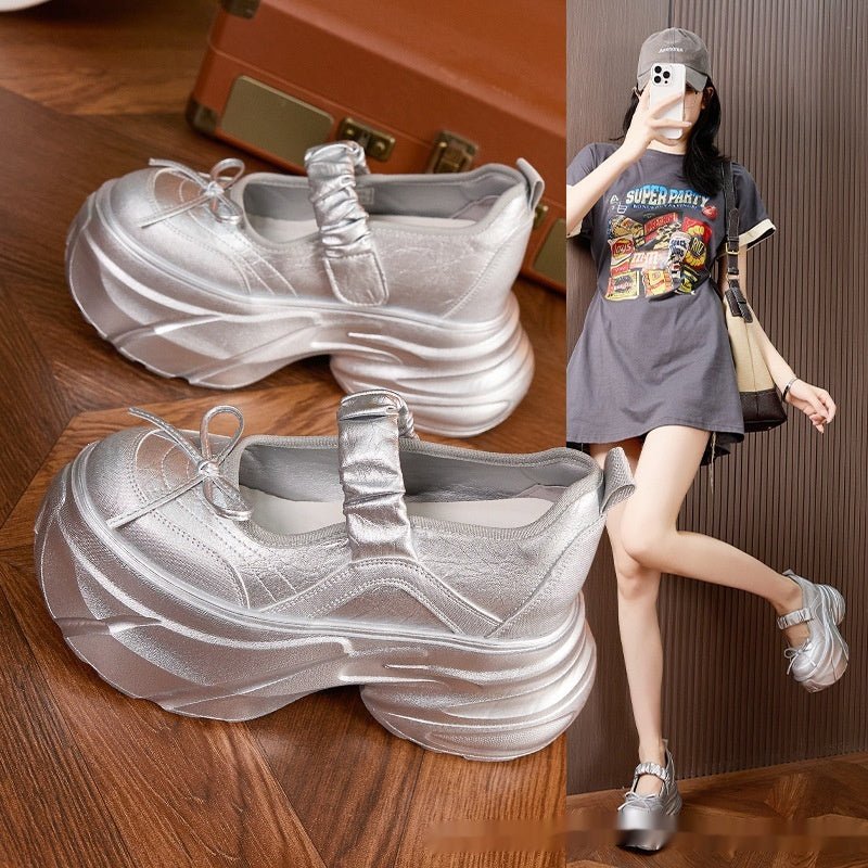 Mary Jane White Silver Sweet Bow Height Increasing Insole Women's Shoes - Babyvera