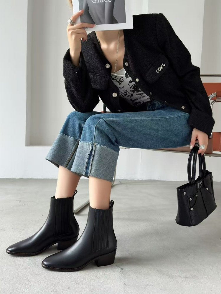 Mid - heel Chunky - heel Retro Square - toe Matte Leather Womens Boots - Babyvera