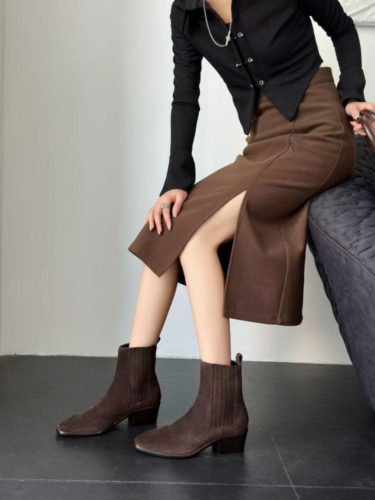 Mid - heel Chunky - heel Retro Square - toe Matte Leather Womens Boots - Babyvera