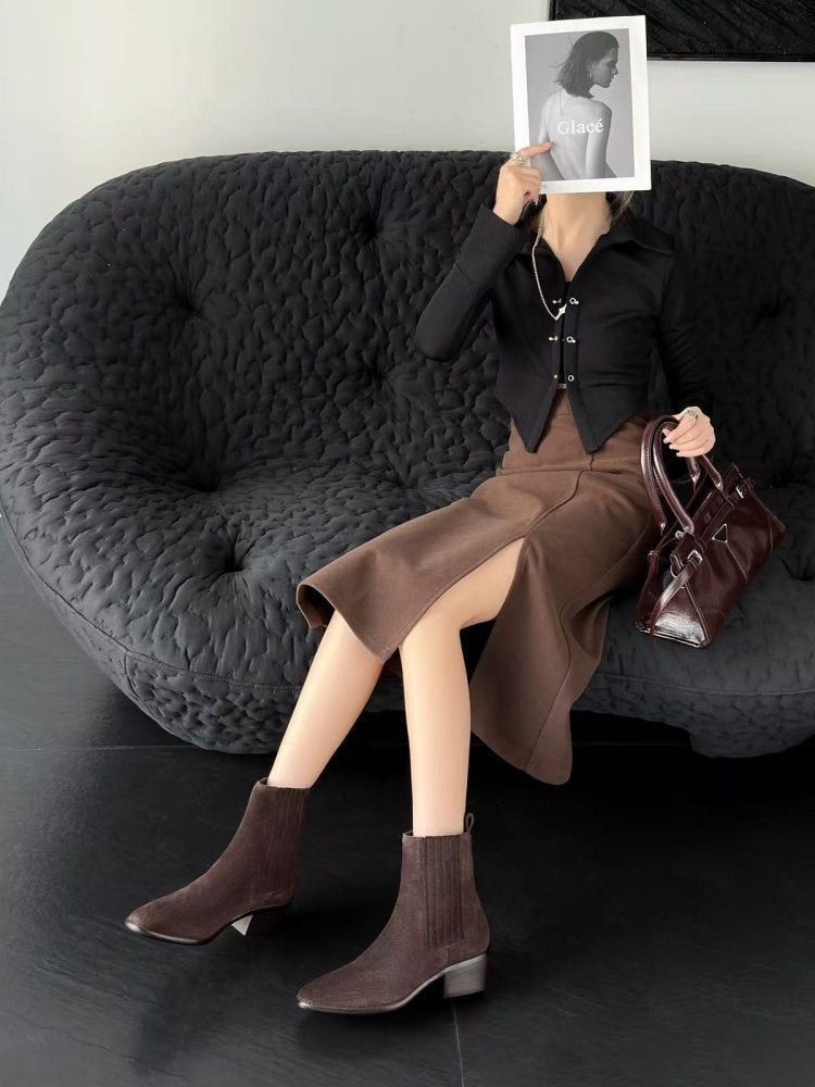 Mid - heel Chunky - heel Retro Square - toe Matte Leather Womens Boots - Babyvera