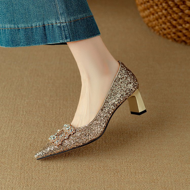 New Chunky - heel Rhinestone Square - strap Pumps - Babyvera