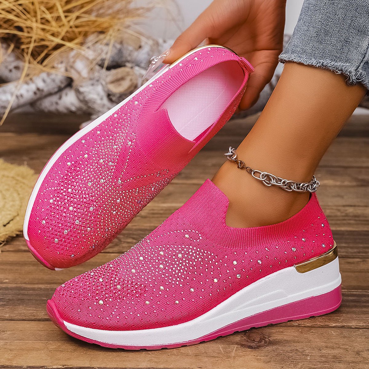 Pumps Women's Summer Wedge Round Toe Rhinestone Slip - on Women's Pumps Pumps - Babyvera