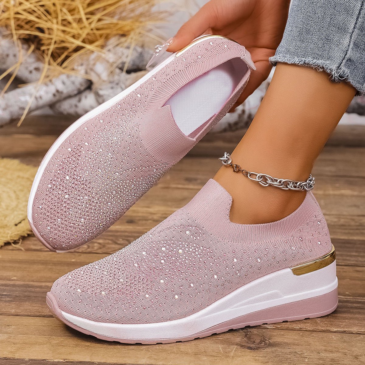 Pumps Women's Summer Wedge Round Toe Rhinestone Slip - on Women's Pumps Pumps - Babyvera
