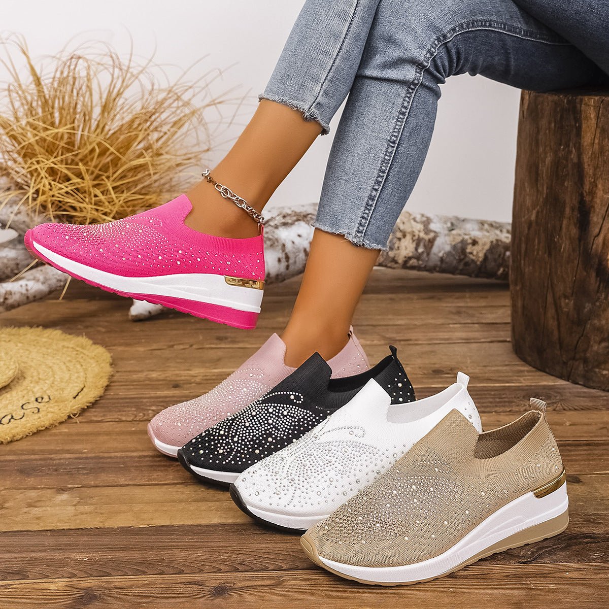 Pumps Women's Summer Wedge Round Toe Rhinestone Slip - on Women's Pumps Pumps - Babyvera