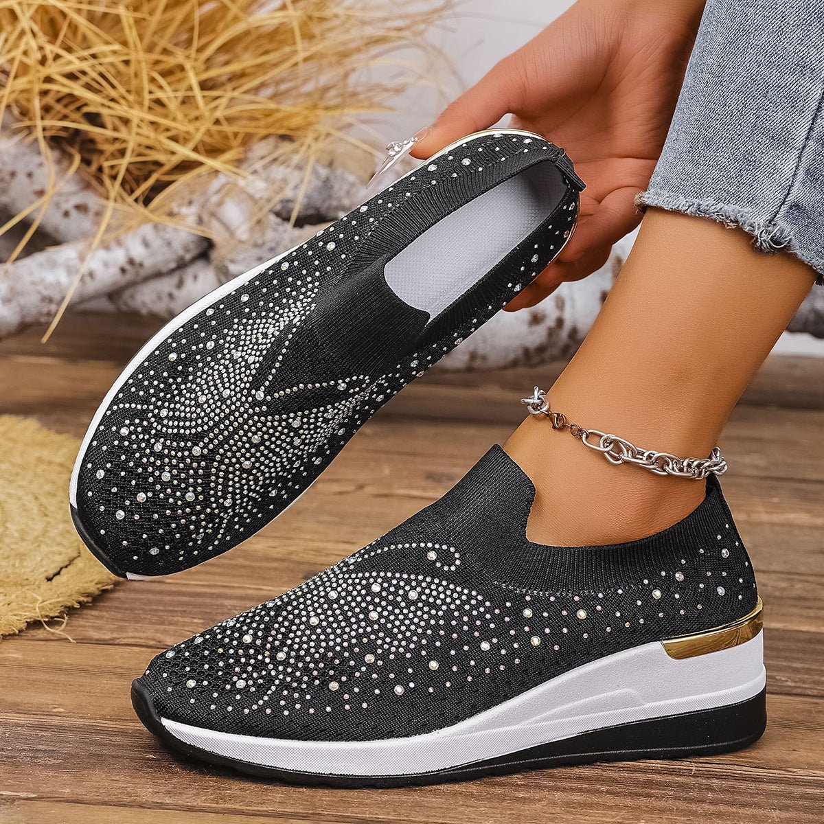 Pumps Women's Summer Wedge Round Toe Rhinestone Slip - on Women's Pumps Pumps - Babyvera