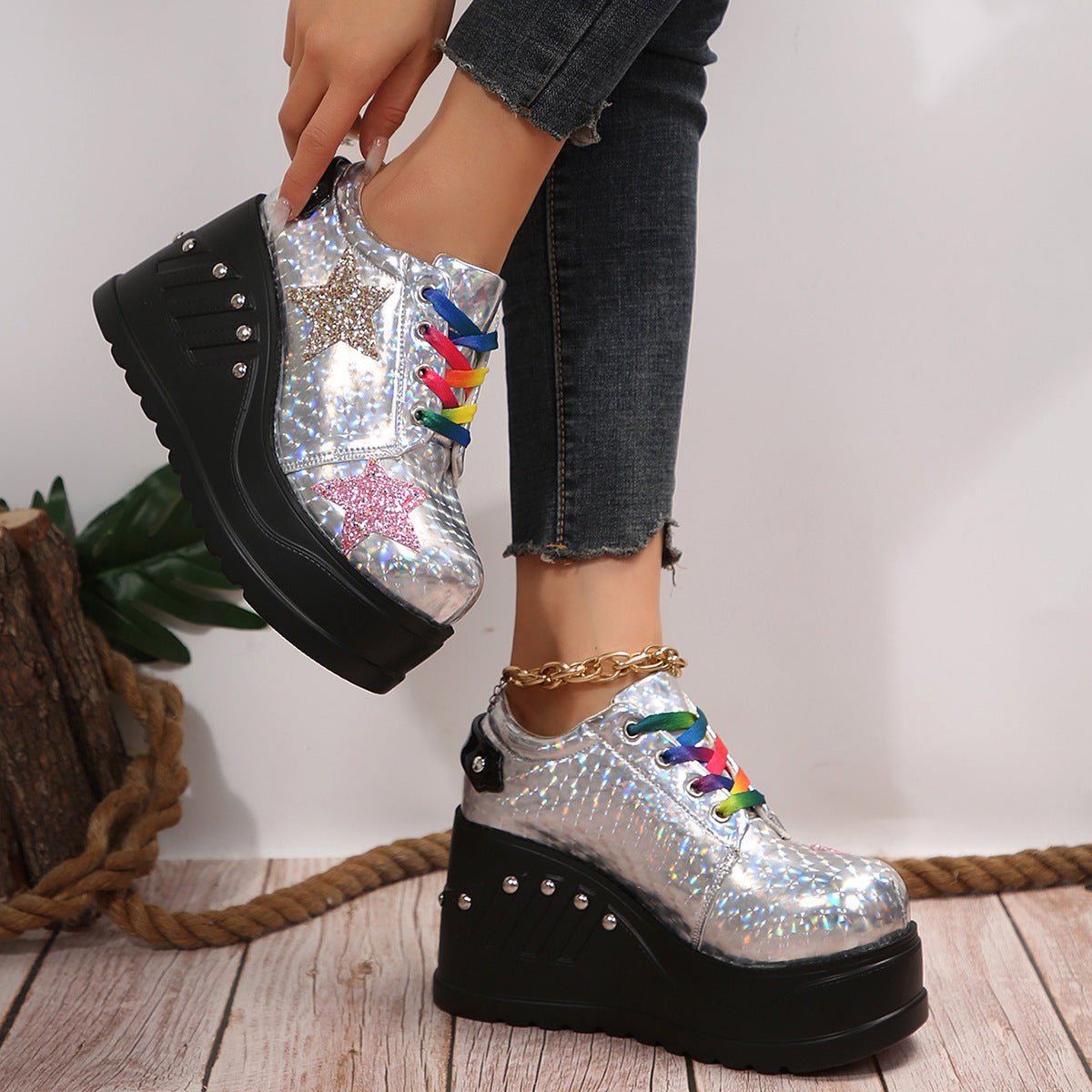 Punk Shiny Leather Rivet Thick Sole Casual Platform Shoes - Babyvera