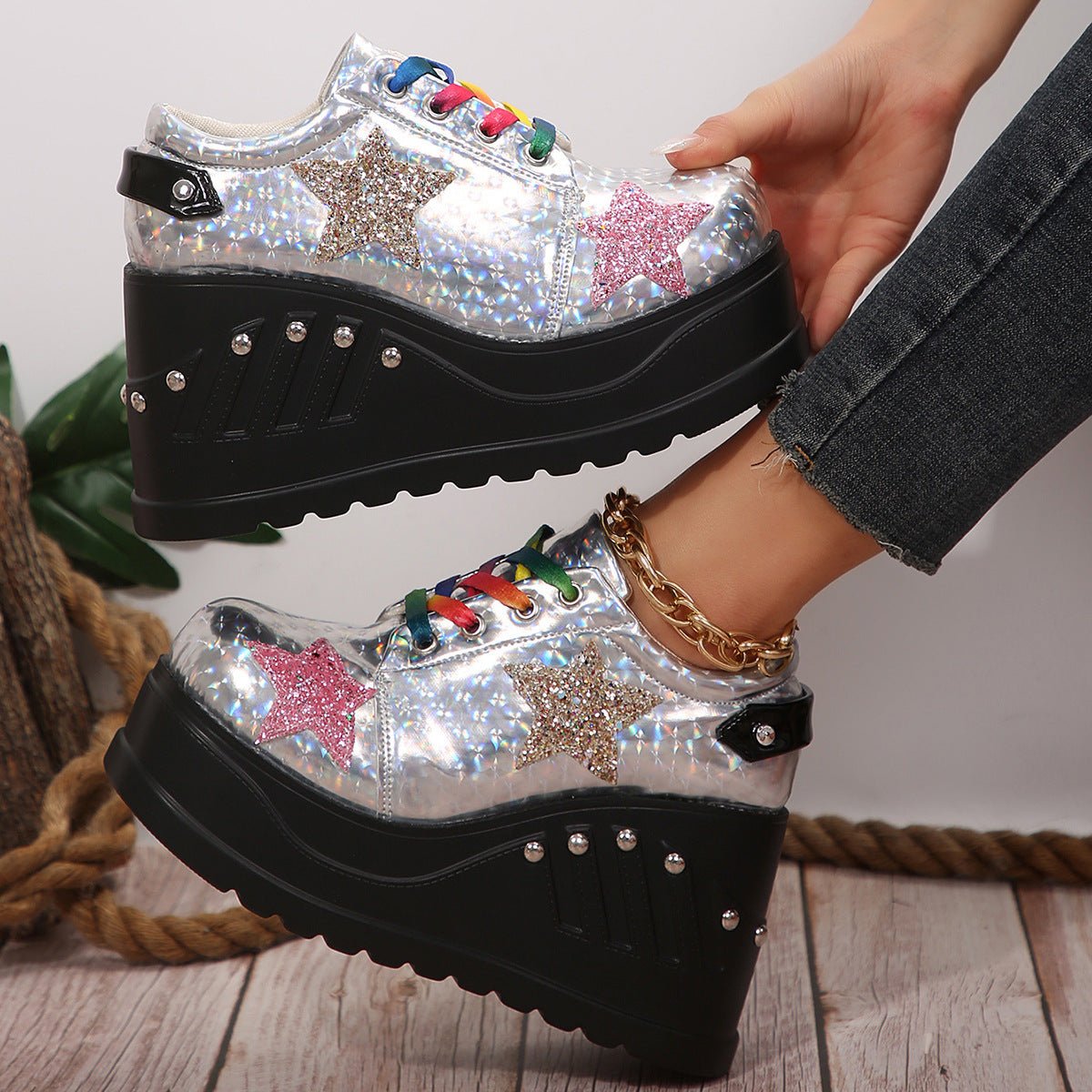 Punk Shiny Leather Rivet Thick Sole Casual Platform Shoes - Babyvera