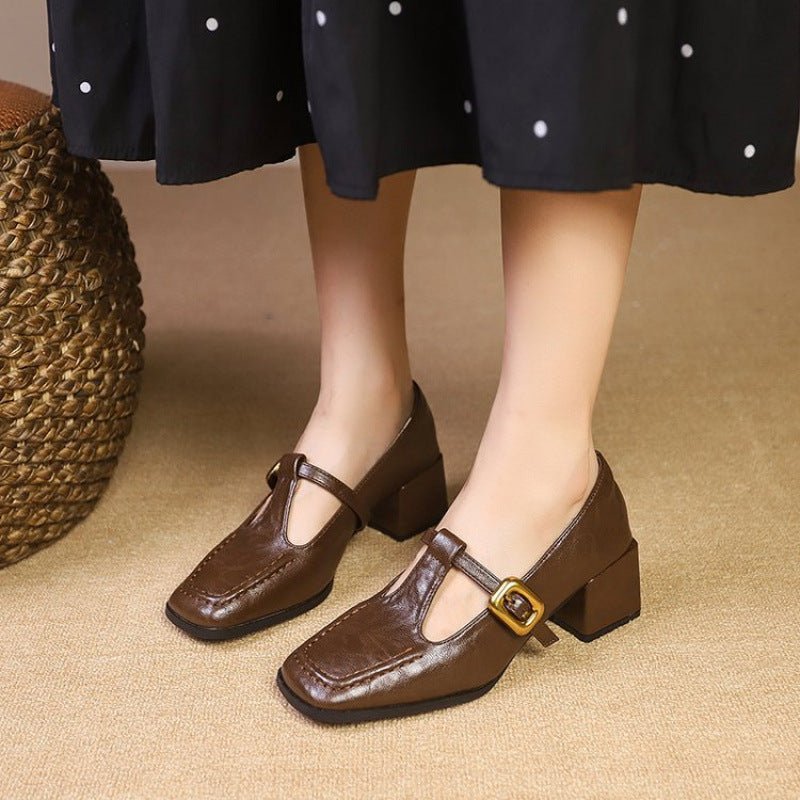 Retro Brown Designer Niche Mid - heel Chunky - heel Women's Shoes - Babyvera