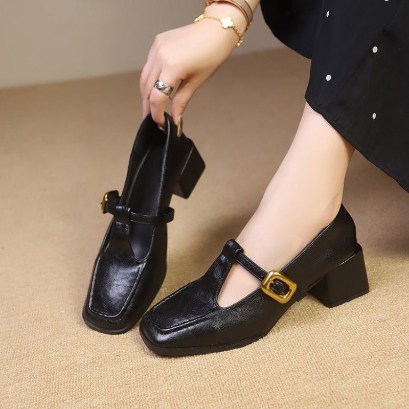 Retro Brown Designer Niche Mid - heel Chunky - heel Women's Shoes - Babyvera