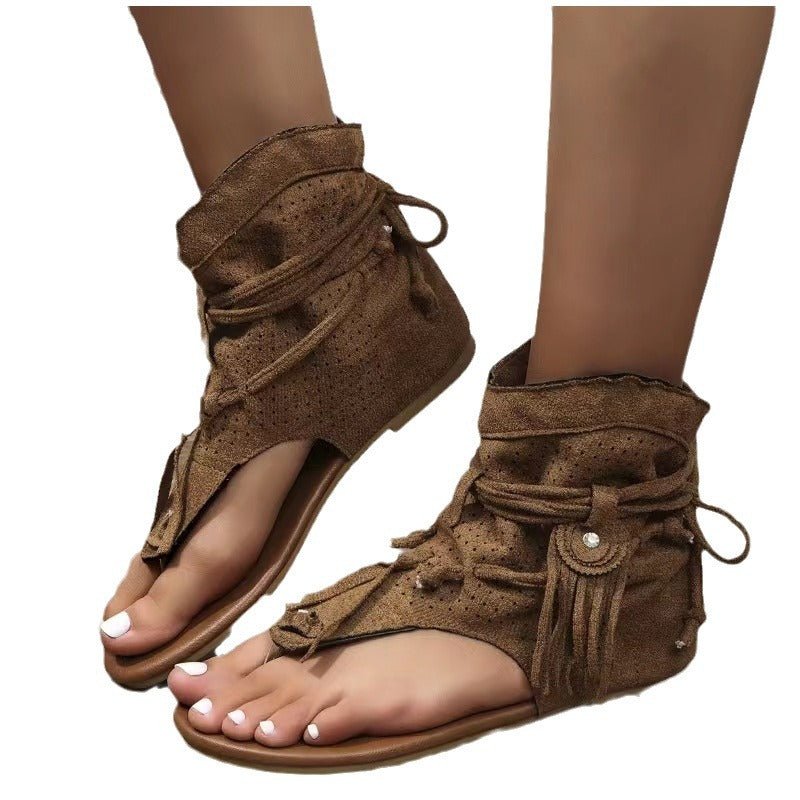 Retro Flat Bottom Tassel Hollow Toe Sandals - Babyvera